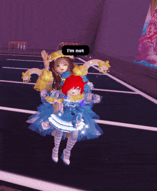 a girl in a yellow and blue dress is dancing in a parking lot