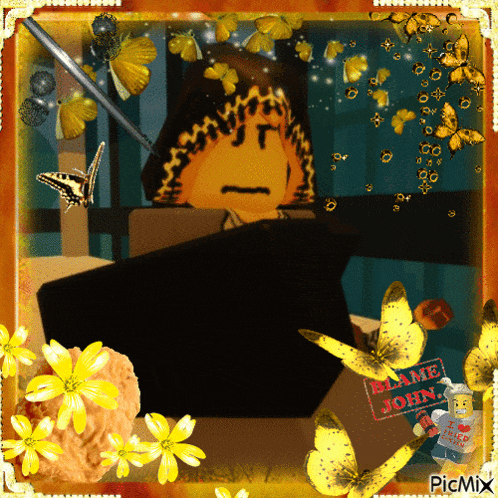 a picture of a person sitting at a desk with flowers and butterflies and a sign that says blake john