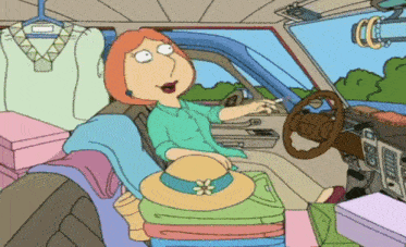 a cartoon of lois griffin sitting in a car full of clothes