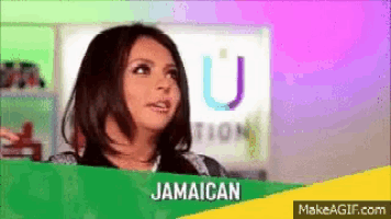 a woman is standing in front of a sign that says jamaican .
