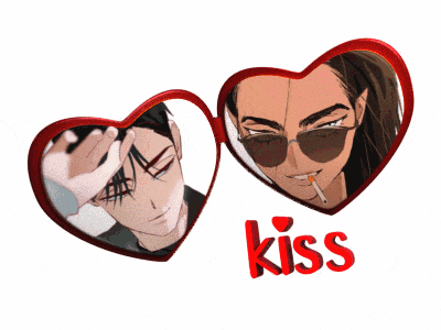 a couple of heart shaped mirrors with the word kiss in red