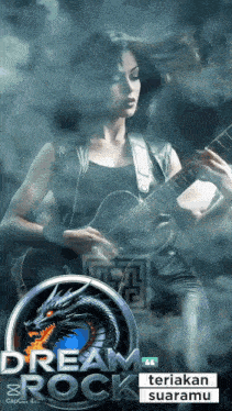 a woman is playing a guitar in front of a logo that says dream rock