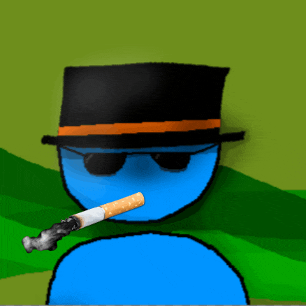 a blue cartoon character wearing a top hat and sunglasses smoking a cigarette