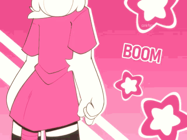 a pink and white cartoon character with the word boom on the bottom