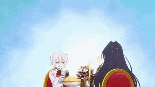 two anime characters are sitting at a table with a bouquet of flowers and candles .