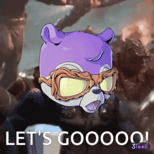 a cartoon of a bear wearing goggles with the words let 's gooooo on the bottom