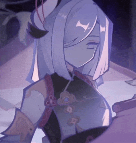 a drawing of a girl with long white hair and a purple background