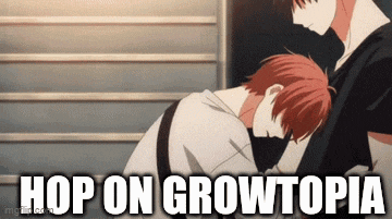 a man is kneeling down next to another man with the words `` hop on growtopia '' written above him .