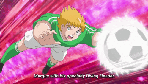 a cartoon of a soccer player with the words margus with his specialty diving header below him