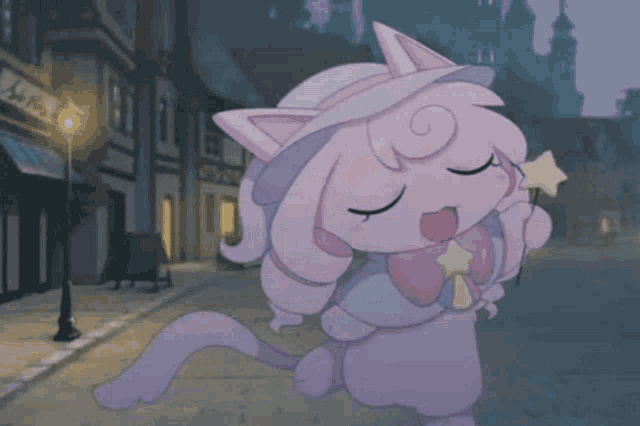 a cartoon cat wearing a hat is walking down a street at night