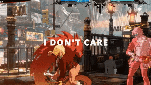 a video game scene with the words " i don 't care " on the bottom