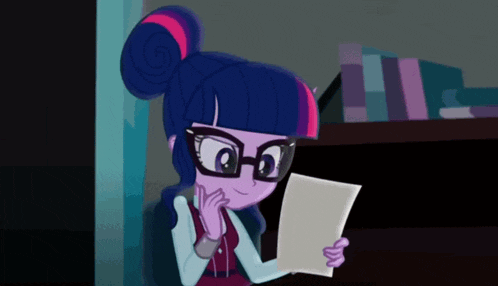 twilight sparkle from my little pony equestria girls looks at a piece of paper