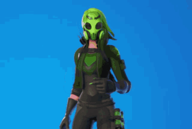a person wearing a green gas mask and a green jacket