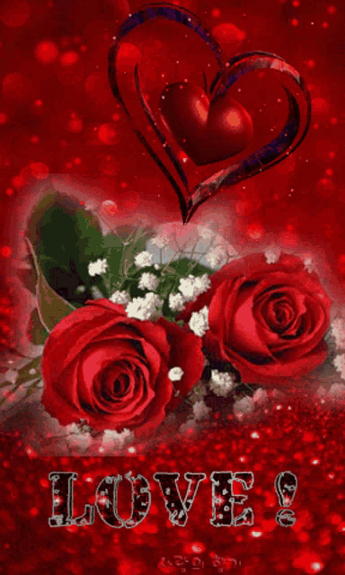a picture of red roses and a heart with the word love written on it