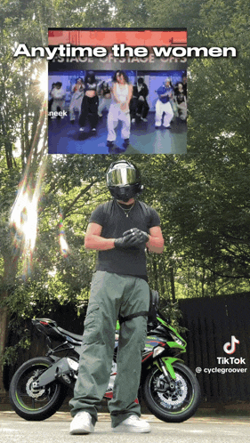 a man wearing a helmet stands in front of two motorcycles with a caption that says anytime the women