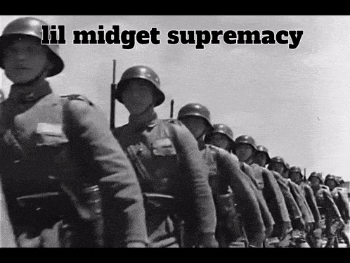 a black and white photo of soldiers with the words lil midget supremacy above them