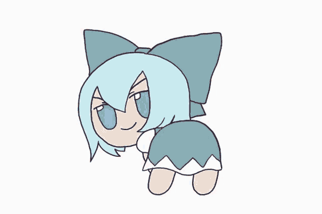 a cartoon drawing of a girl with blue hair and a blue bow on her head .