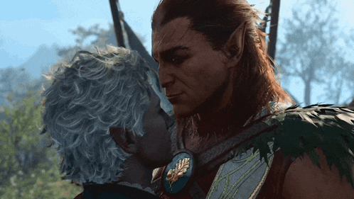 a man and a woman kissing in a video game scene
