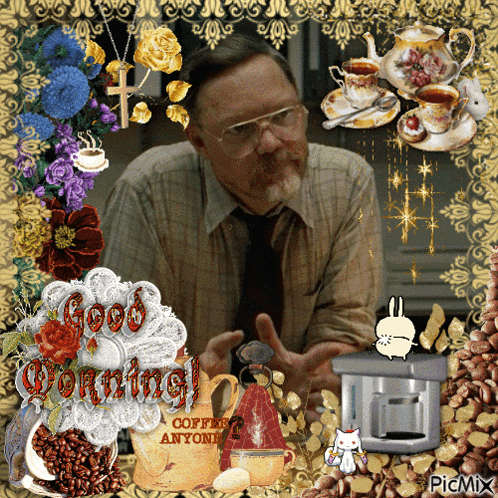 a picture of a man with a coffee pot that says good morning on it