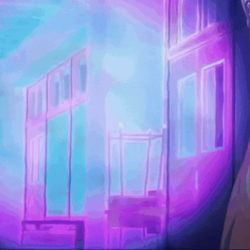 a painting of a building with purple and blue lights behind it