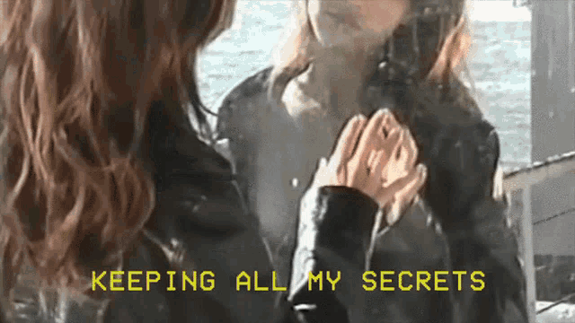 a woman holding another woman 's hand with the words " keeping all my secrets " written below her