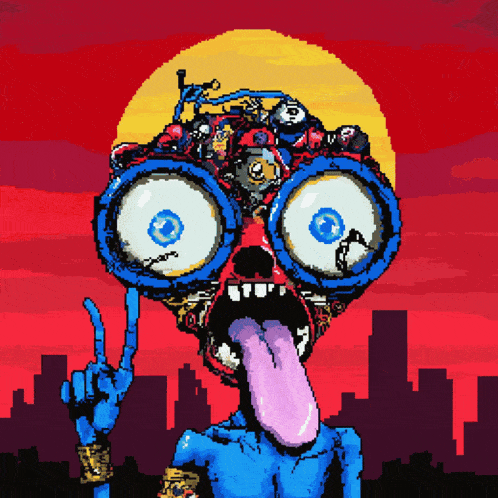 a pixel art drawing of a monster with a tongue out