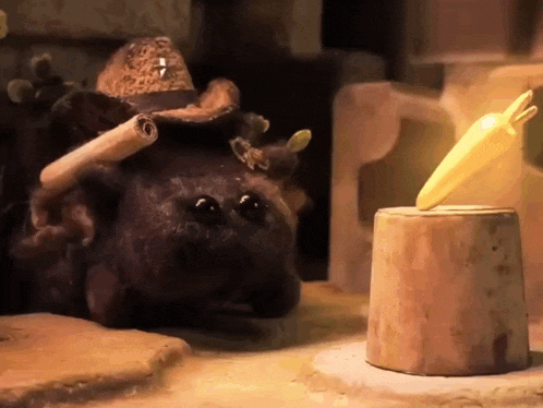 a stuffed animal wearing a cowboy hat looks at a wooden stump