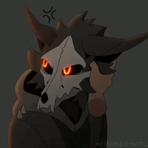 a drawing of a skull with red eyes and the name wingedwol