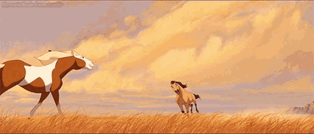 a painting of two horses running in a field with a tumblr link below them