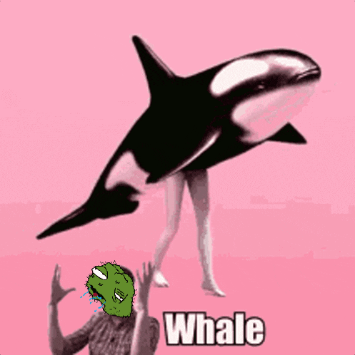 a pink background with a whale and a man with a green head