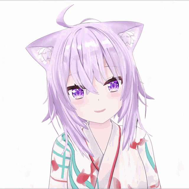 a girl with purple hair and blue eyes is smiling with a purple border that says ' だい '