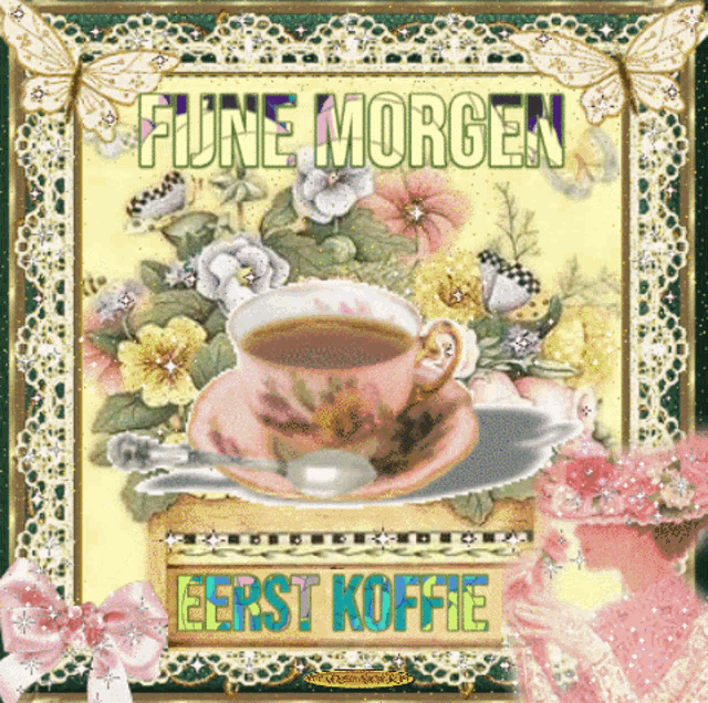 a greeting card with flowers and a cup of coffee that says " eerst koffie "