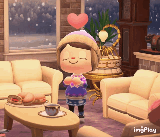 a cartoon character in a living room with a pink heart on her head