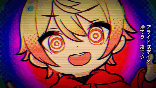 a cartoon of a girl with circles in her eyes and a red hoodie