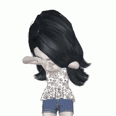 a cartoon girl with long black hair is covering her eyes with her hand