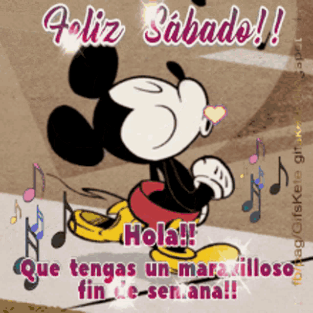 a picture of mickey mouse with the words " feliz sabado " on it