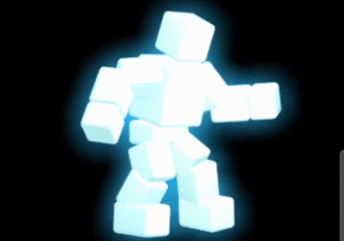 a robot made of blocks is glowing brightly on a black background