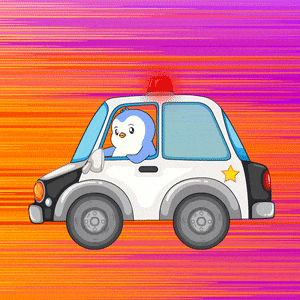 a cartoon penguin is driving a police car