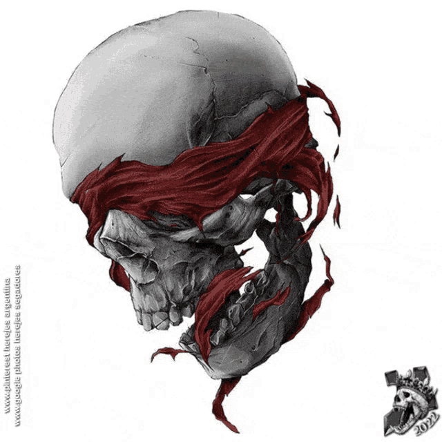 a drawing of a skull with a red ribbon around its eyes
