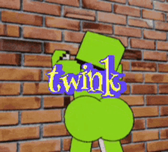 a green cartoon character with the word twink written on his butt