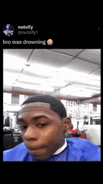 a man getting his hair cut in a barber shop with a caption that says bro was drowning