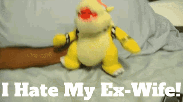 a stuffed animal with the words " i hate my ex-wife " below it