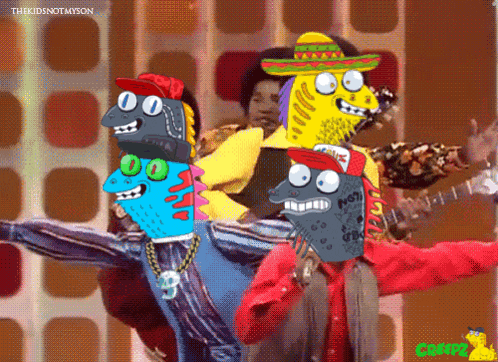a group of cartoon characters are dancing on a stage with the words thekidsnotmyson at the bottom
