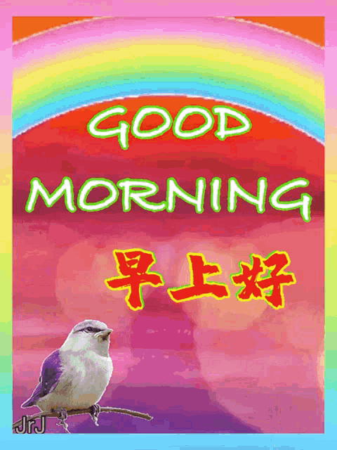 a bird is sitting on a branch in front of a rainbow that says good morning
