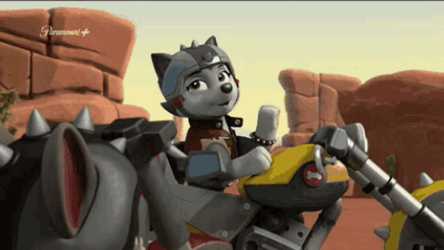 a cartoon of a dog on a motorcycle with the word paramount on the bottom left