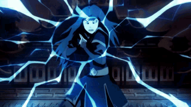 a girl in a blue dress is surrounded by blue lightning