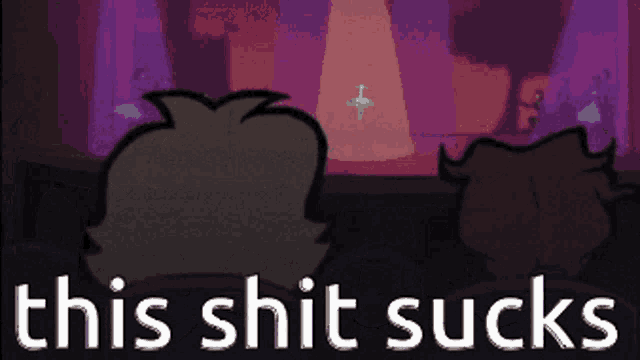 a cartoon character with the words " this shit sucks " on the bottom