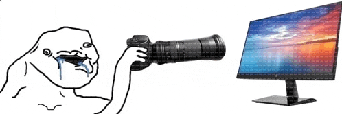 a drawing of a person taking a picture next to a computer monitor