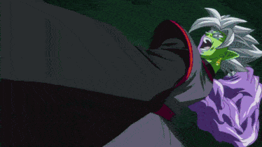 a cartoon character with a green and purple head