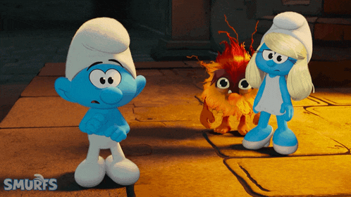 a smurf standing next to another smurf and a fireball